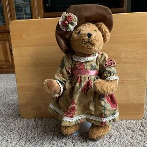 Amber fully jointed, plush teddy bear with dress and matching hat